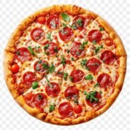 photo of *pizza*, top view, minimal, low detail, isolated on white background --ar 1:1 --v 6.0